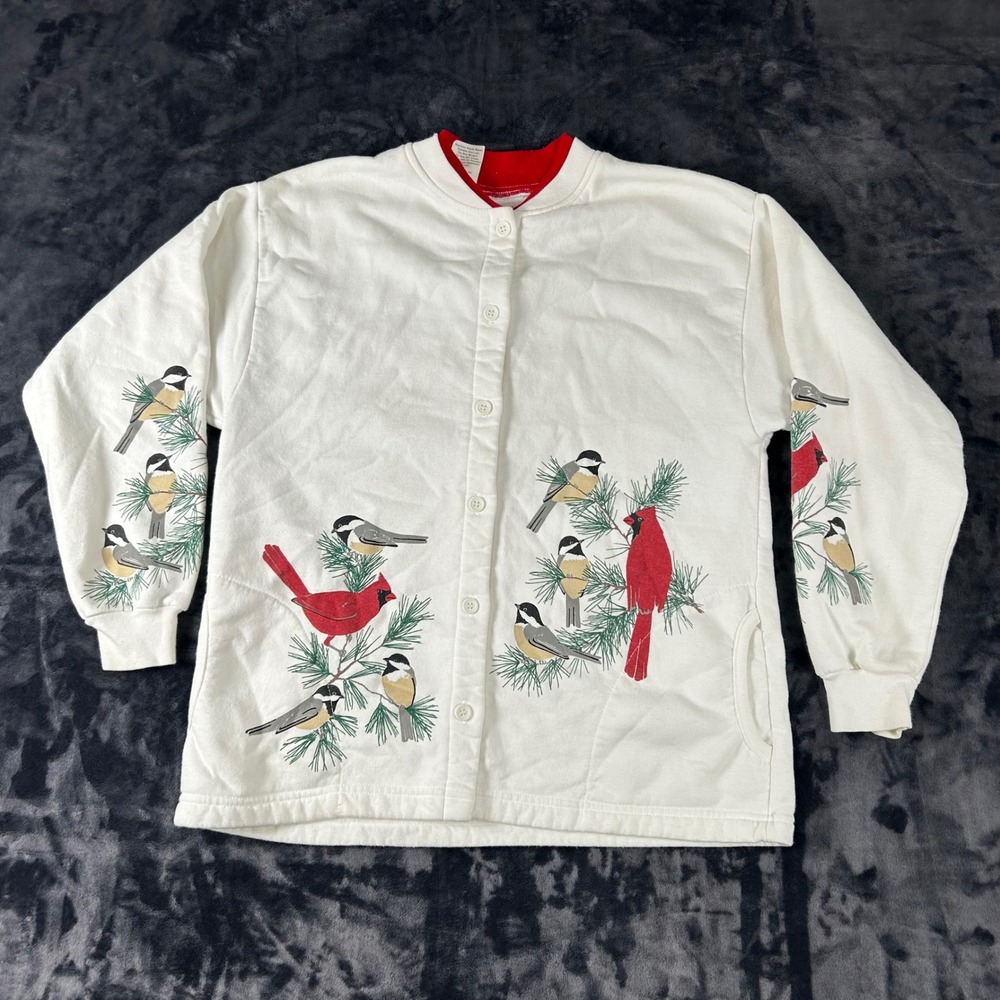 Orvis Button‎ Up Sweatshirt Womens Medium White Bird Graphic Cardinal Chickadee